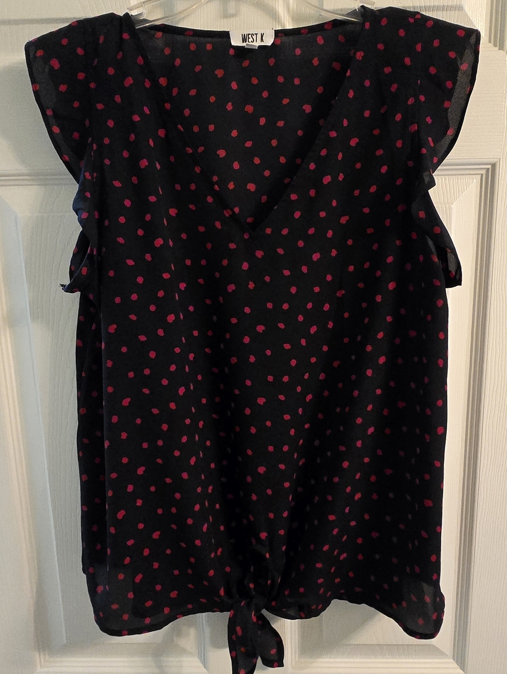 West K Flutter Sleeve Top, Navy with Red Splotches, Large, NWOT